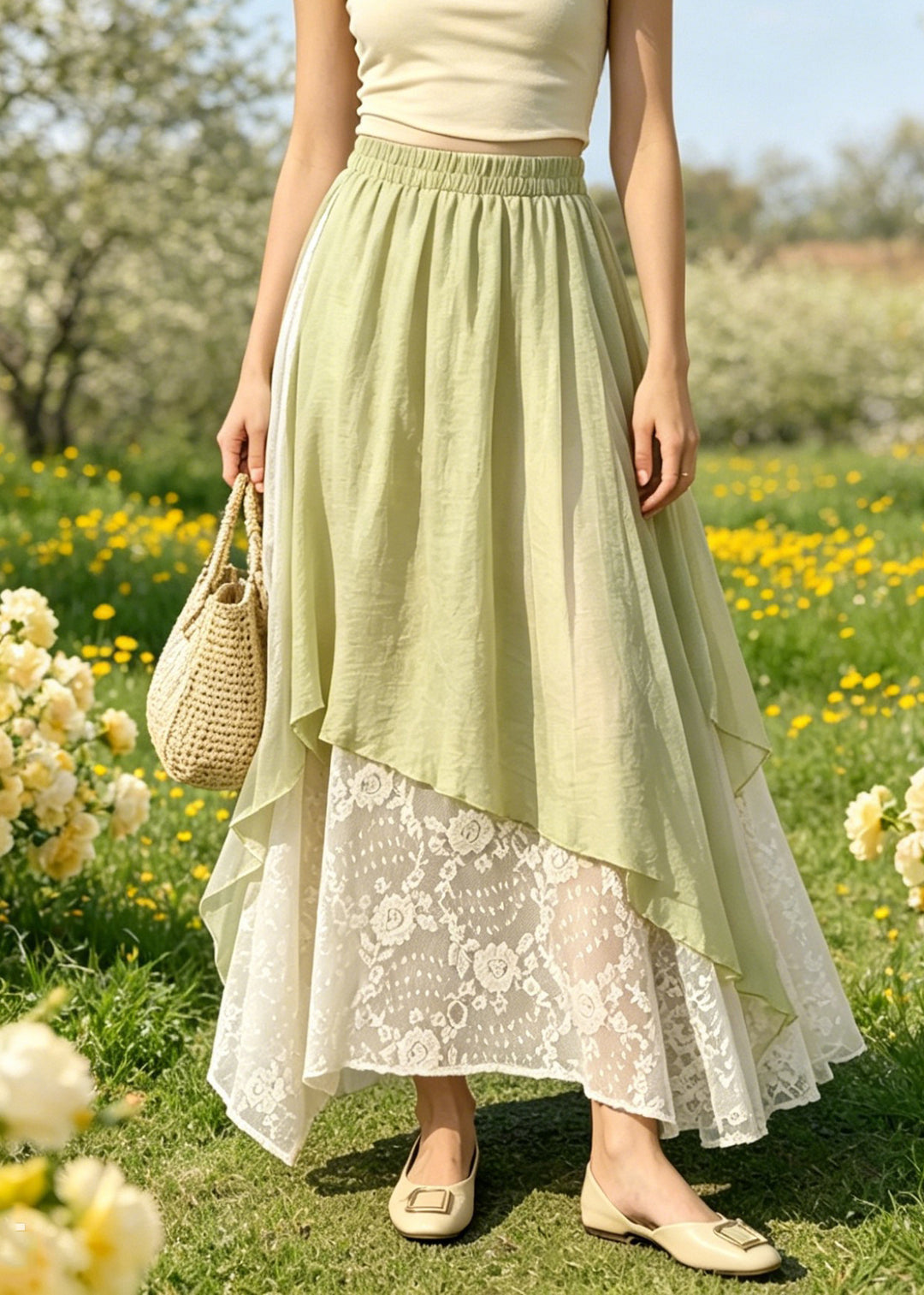 Style Green Lace Patchwork Elastic Waist A Line Skirts