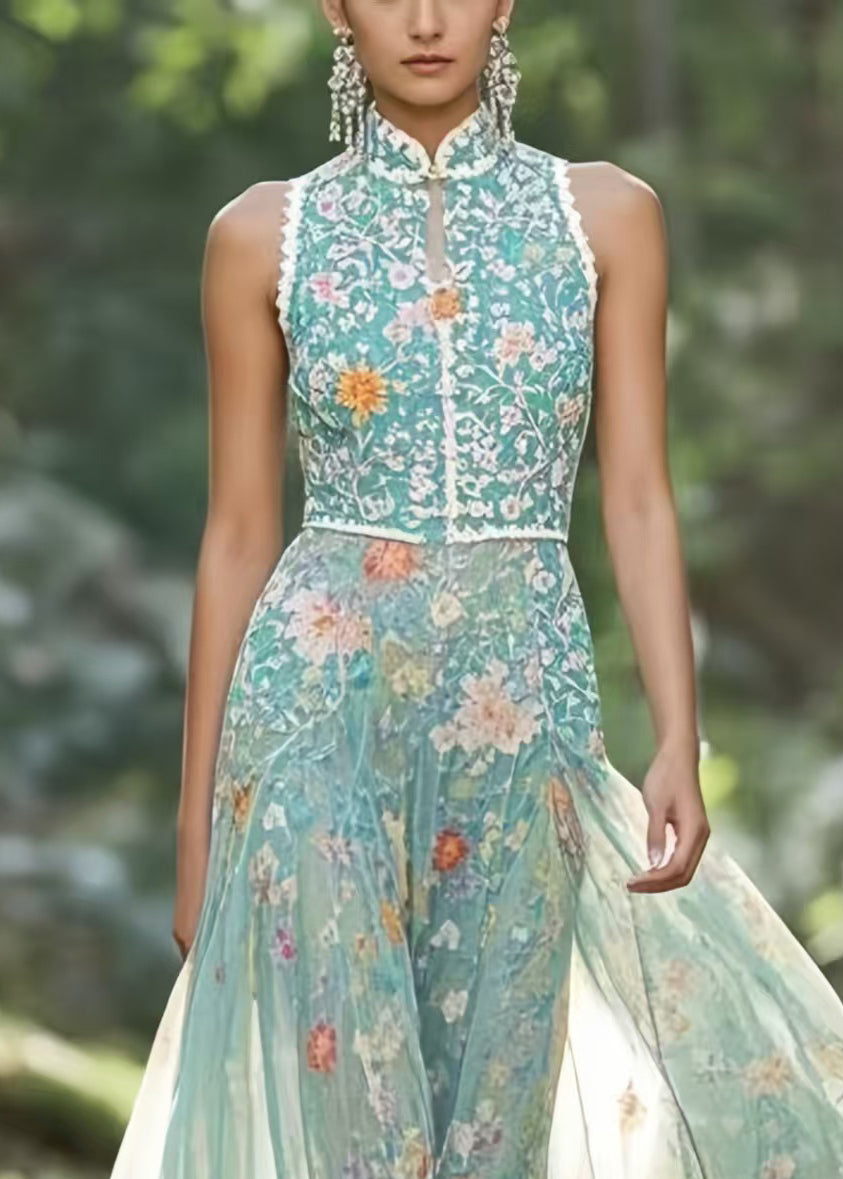 Style Green Mandarin Collar Floral Chiffon Party Dress Sleeveless