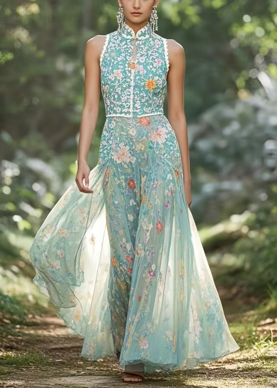 Style Green Mandarin Collar Floral Chiffon Party Dress Sleeveless
