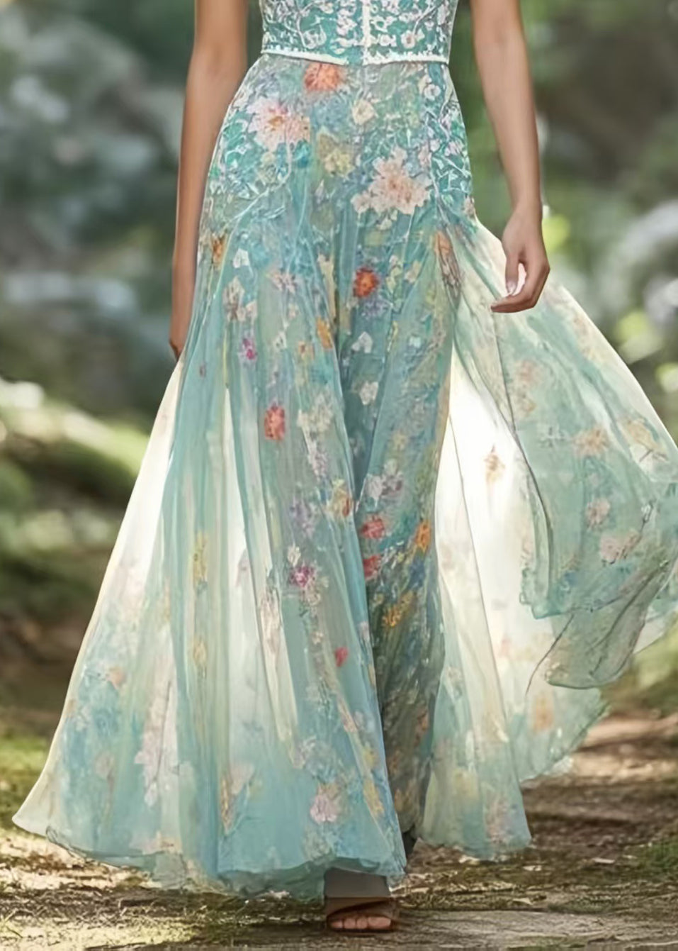 Style Green Mandarin Collar Floral Chiffon Party Dress Sleeveless