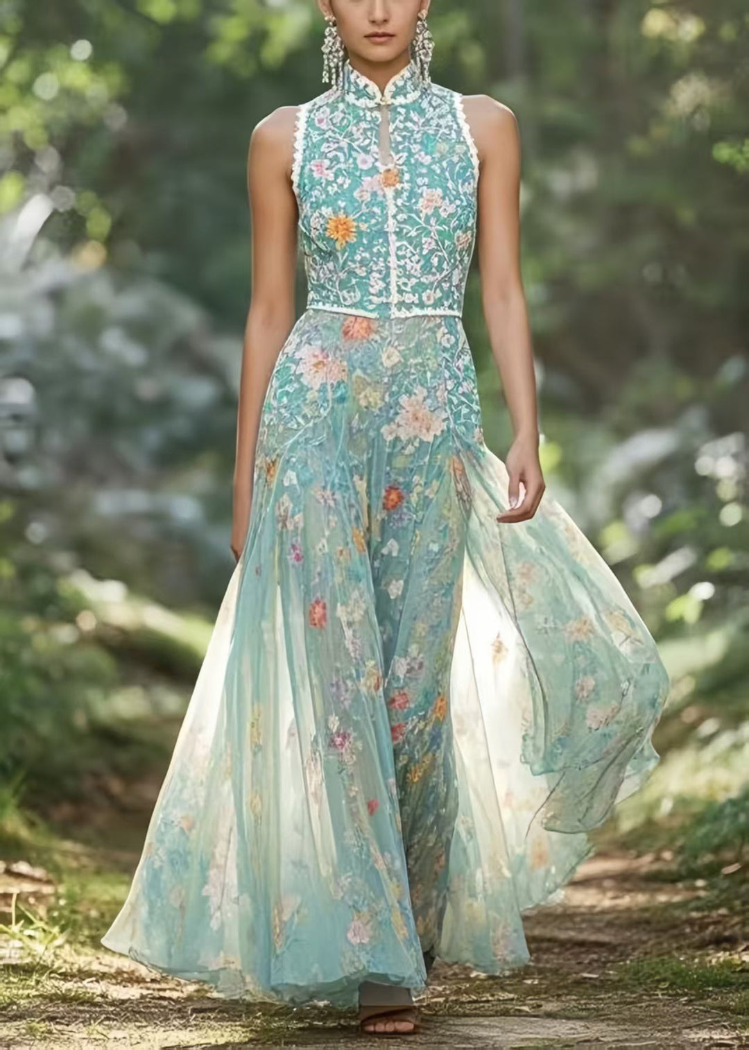 Style Green Mandarin Collar Floral Chiffon Party Dress Sleeveless