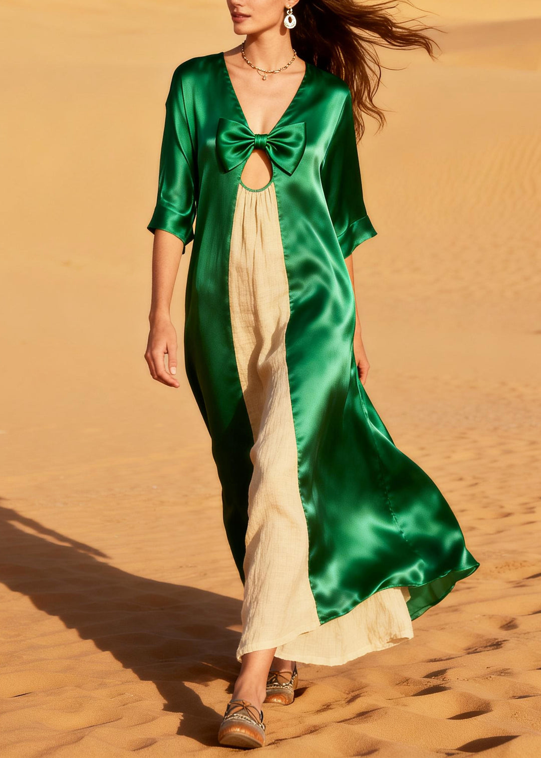 Style Green Oversized Patchwork Linen Silk Holiday Dress Summer