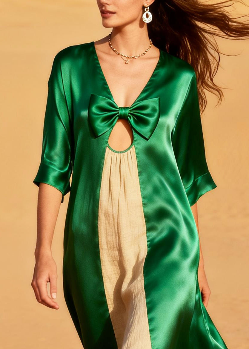 Style Green Oversized Patchwork Linen Silk Holiday Dress Summer