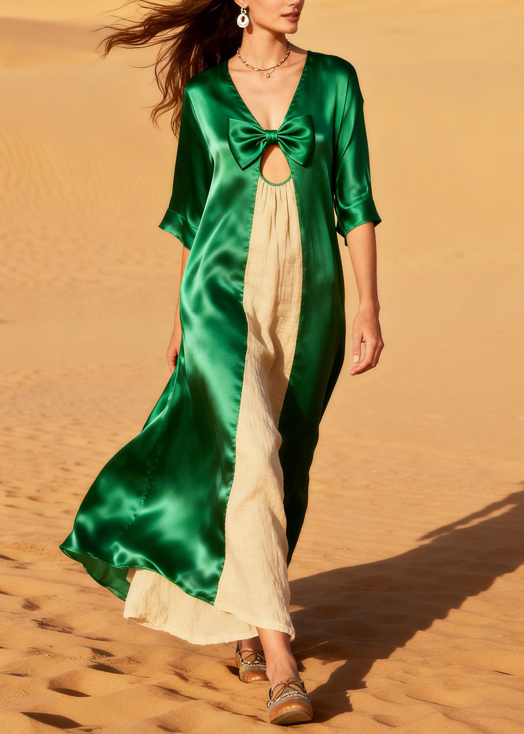 Style Green Oversized Patchwork Linen Silk Holiday Dress Summer