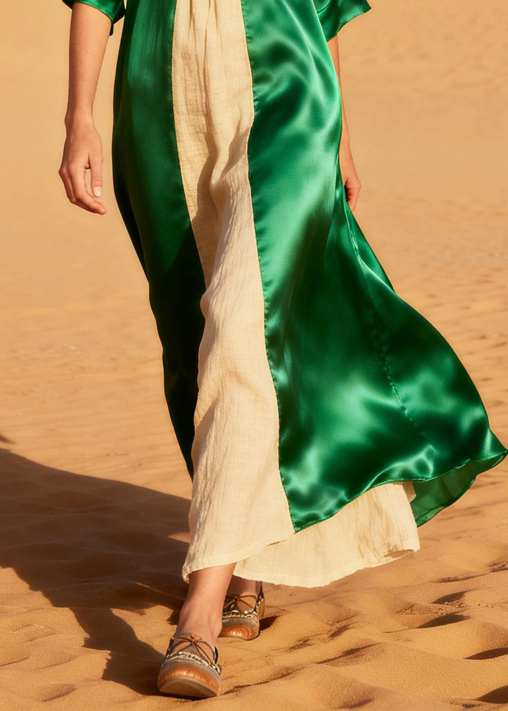 Style Green Oversized Patchwork Linen Silk Holiday Dress Summer