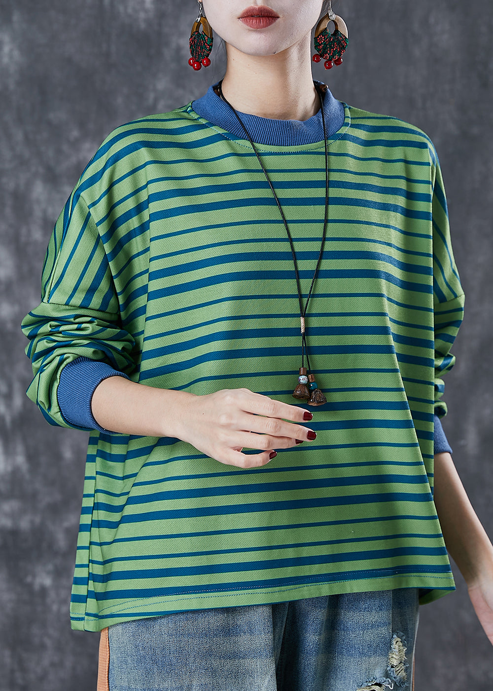 Style Green Oversized Striped Cotton Sweatshirt Streetwear Spring