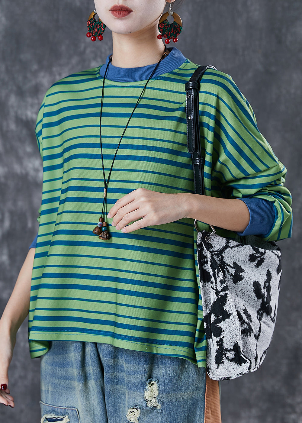 Style Green Oversized Striped Cotton Sweatshirt Streetwear Spring