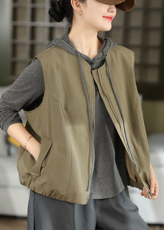 Style Green Oversized Zippered Cotton Vests Fall