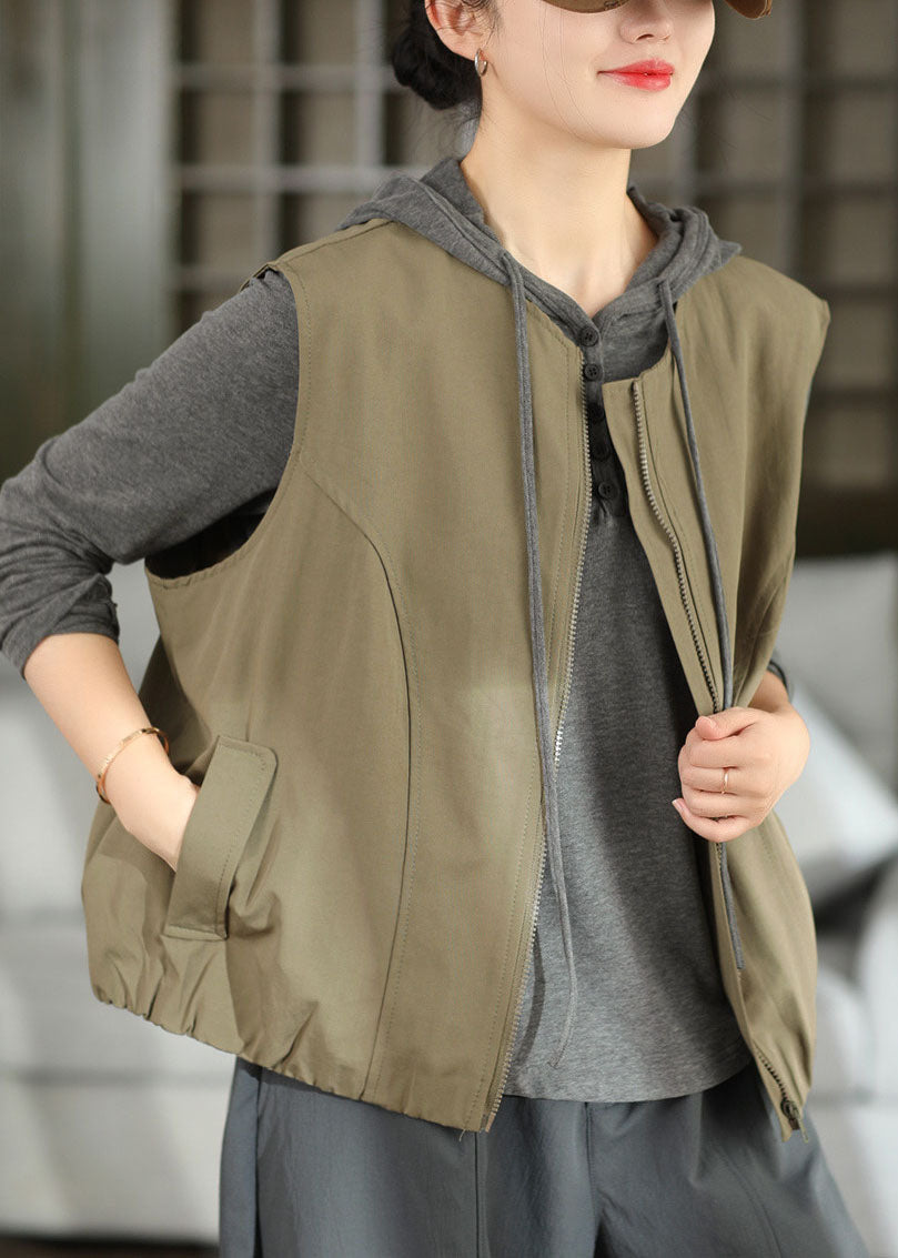 Style Green Oversized Zippered Cotton Vests Fall