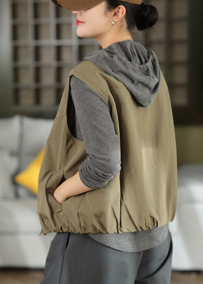 Style Green Oversized Zippered Cotton Vests Fall