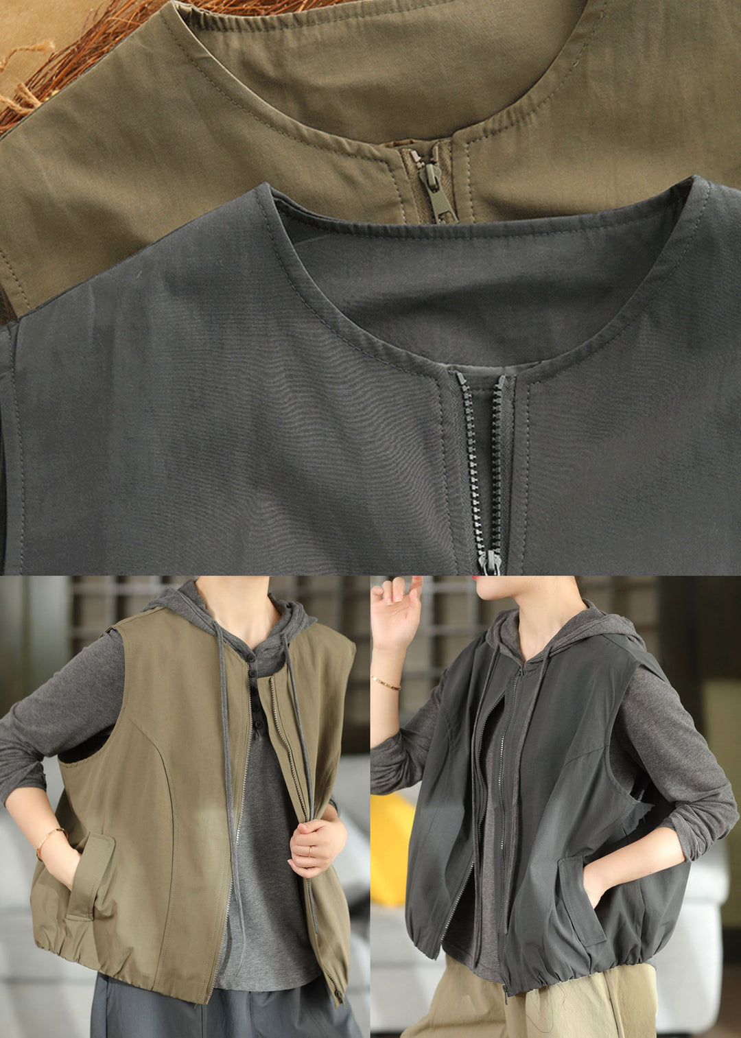 Style Green Oversized Zippered Cotton Vests Fall