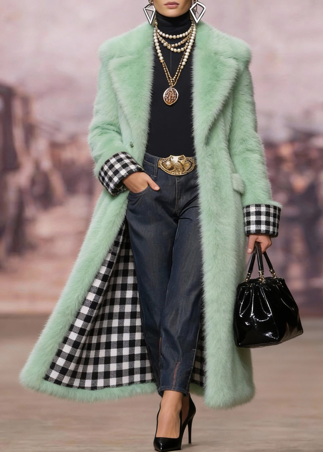 Style Green Peter Pan Collar Pockets Faux Fur Coats Winter