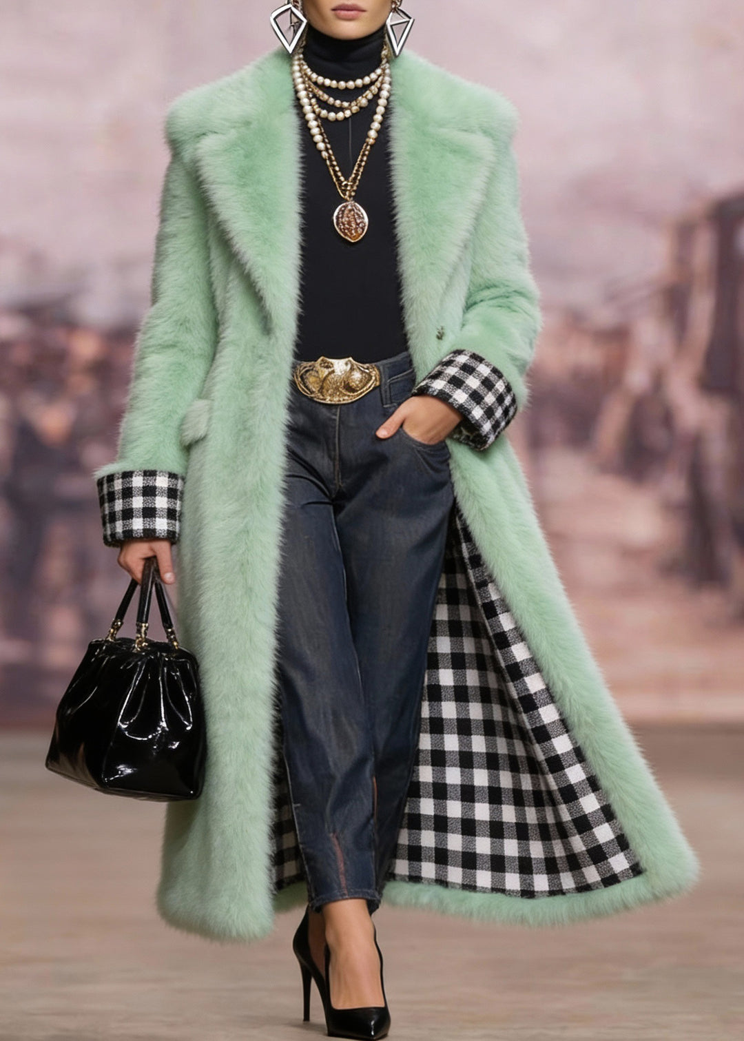 Style Green Peter Pan Collar Pockets Faux Fur Coats Winter