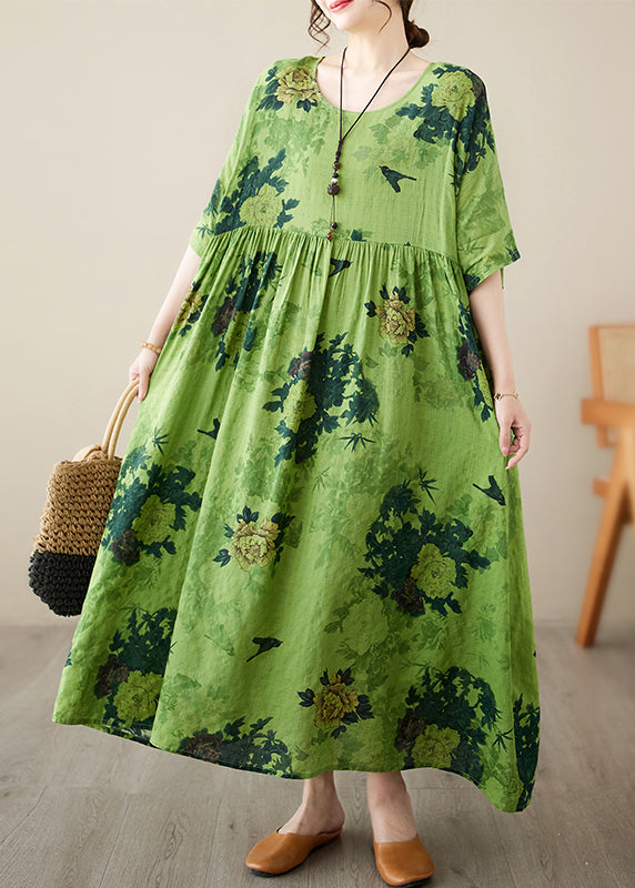 Style Green Print Wrinkled Long Dresses Half Sleeve