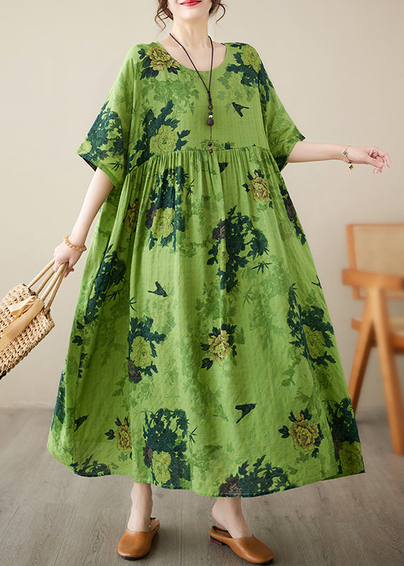 Style Green Print Wrinkled Long Dresses Half Sleeve