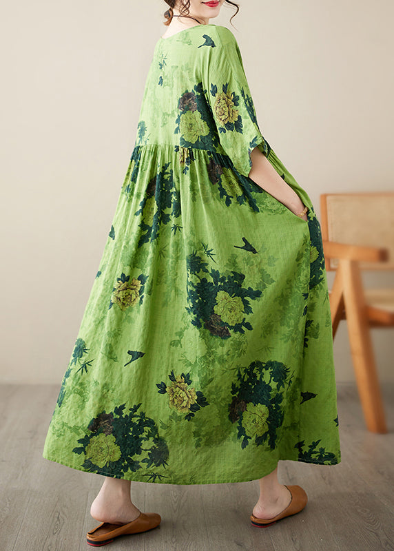 Style Green Print Wrinkled Long Dresses Half Sleeve