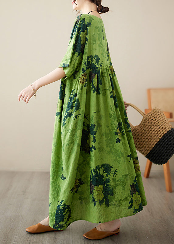 Style Green Print Wrinkled Long Dresses Half Sleeve