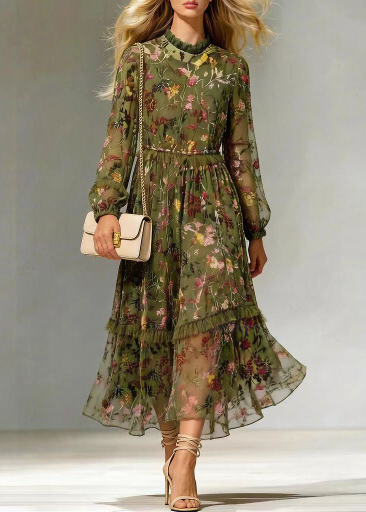 Style Green Ruffled Jacquard Patchwork Silk Dresses Fall