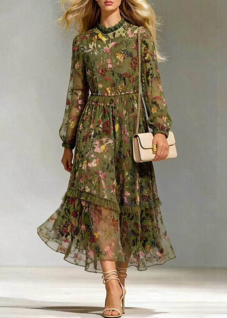 Style Green Ruffled Jacquard Patchwork Silk Dresses Fall