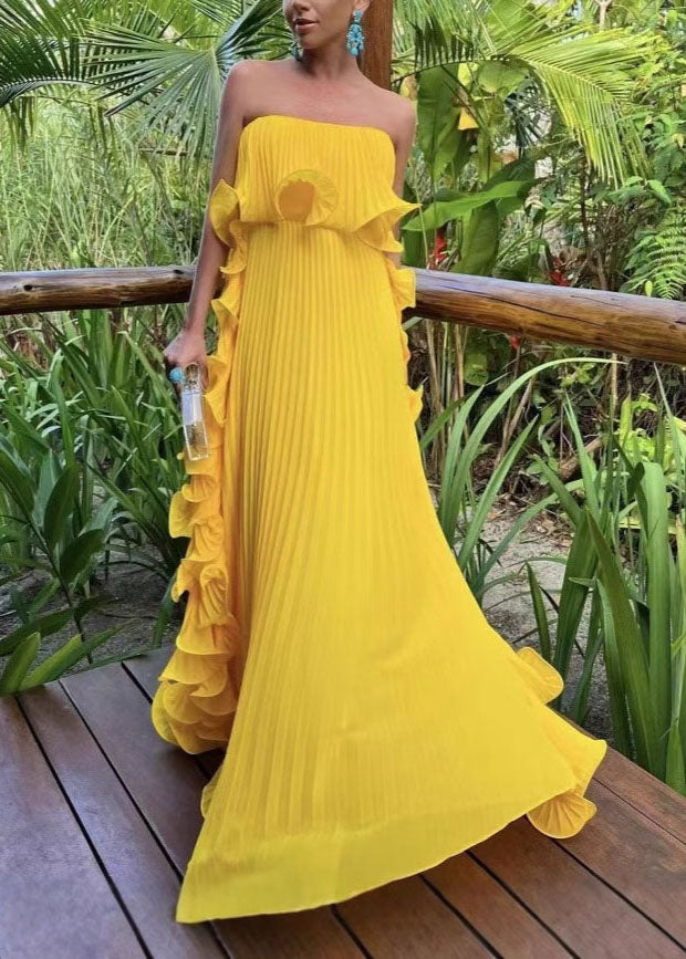 Style Green Ruffled Wrinkled Patchwork Chiffon Strapless Long Dress