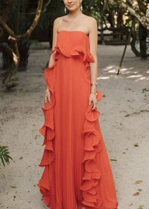 Style Green Ruffled Wrinkled Patchwork Chiffon Strapless Long Dress