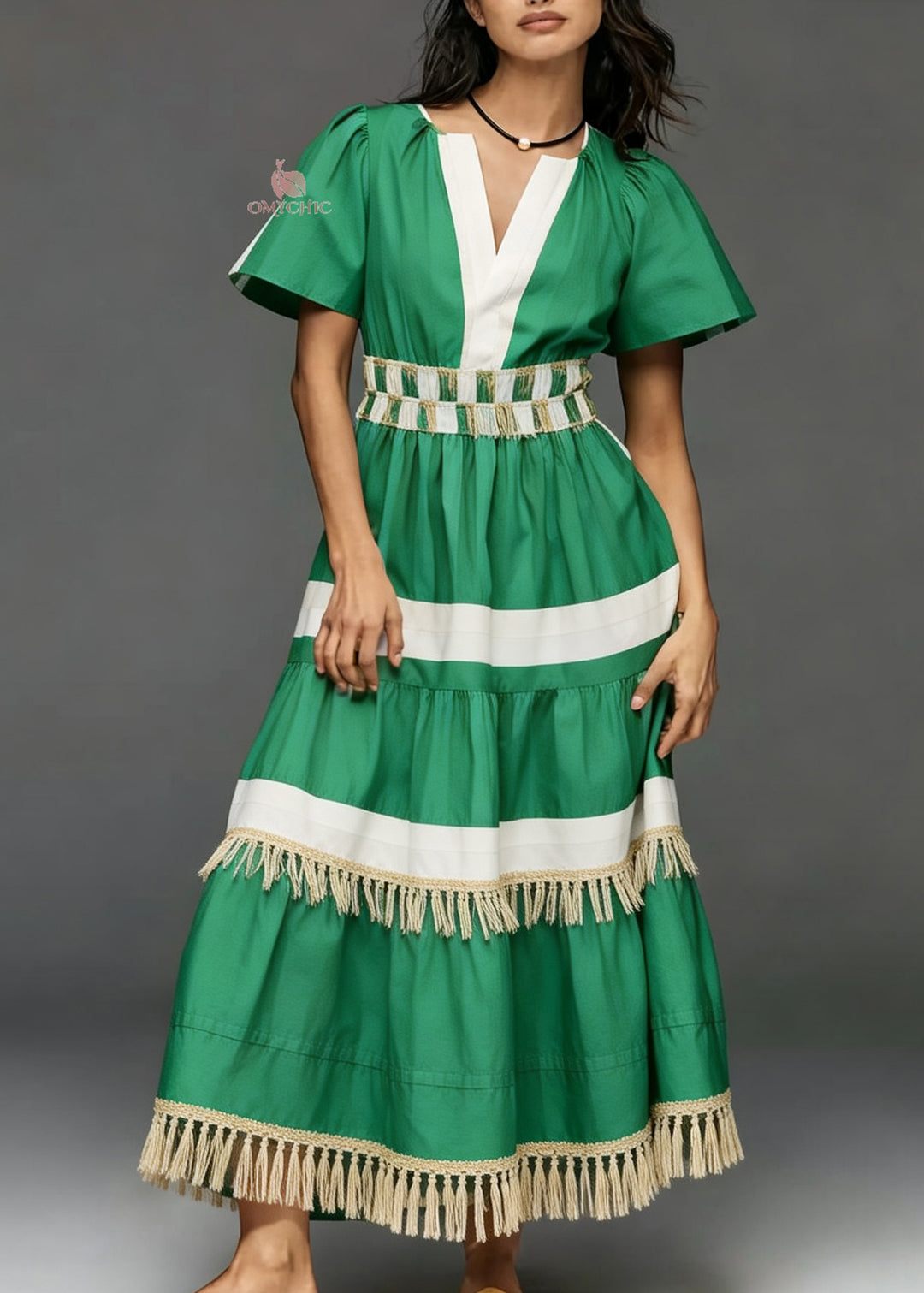 Style Green Tasseled Patchwork Cotton Long Dress Summer