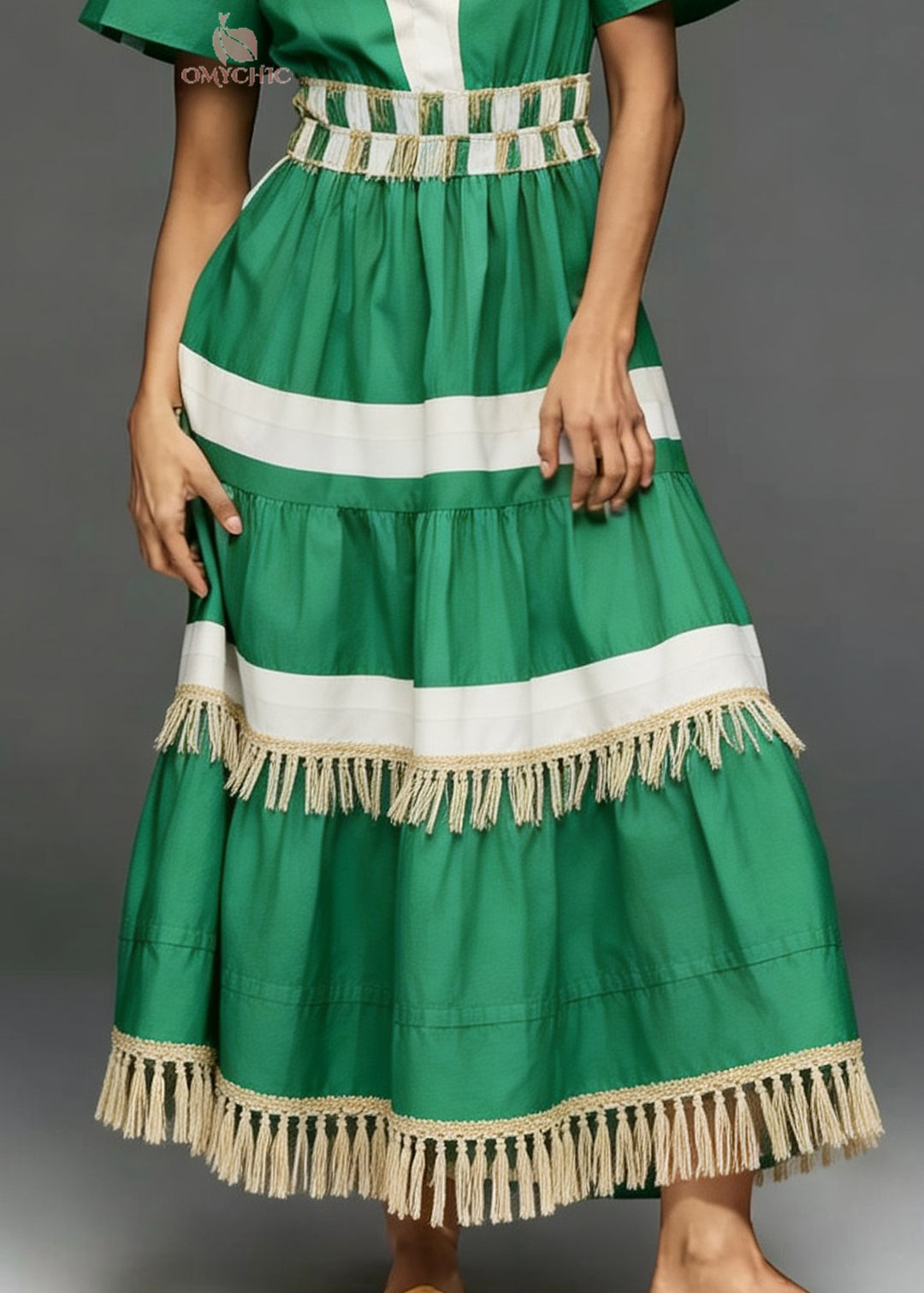 Style Green Tasseled Patchwork Cotton Long Dress Summer
