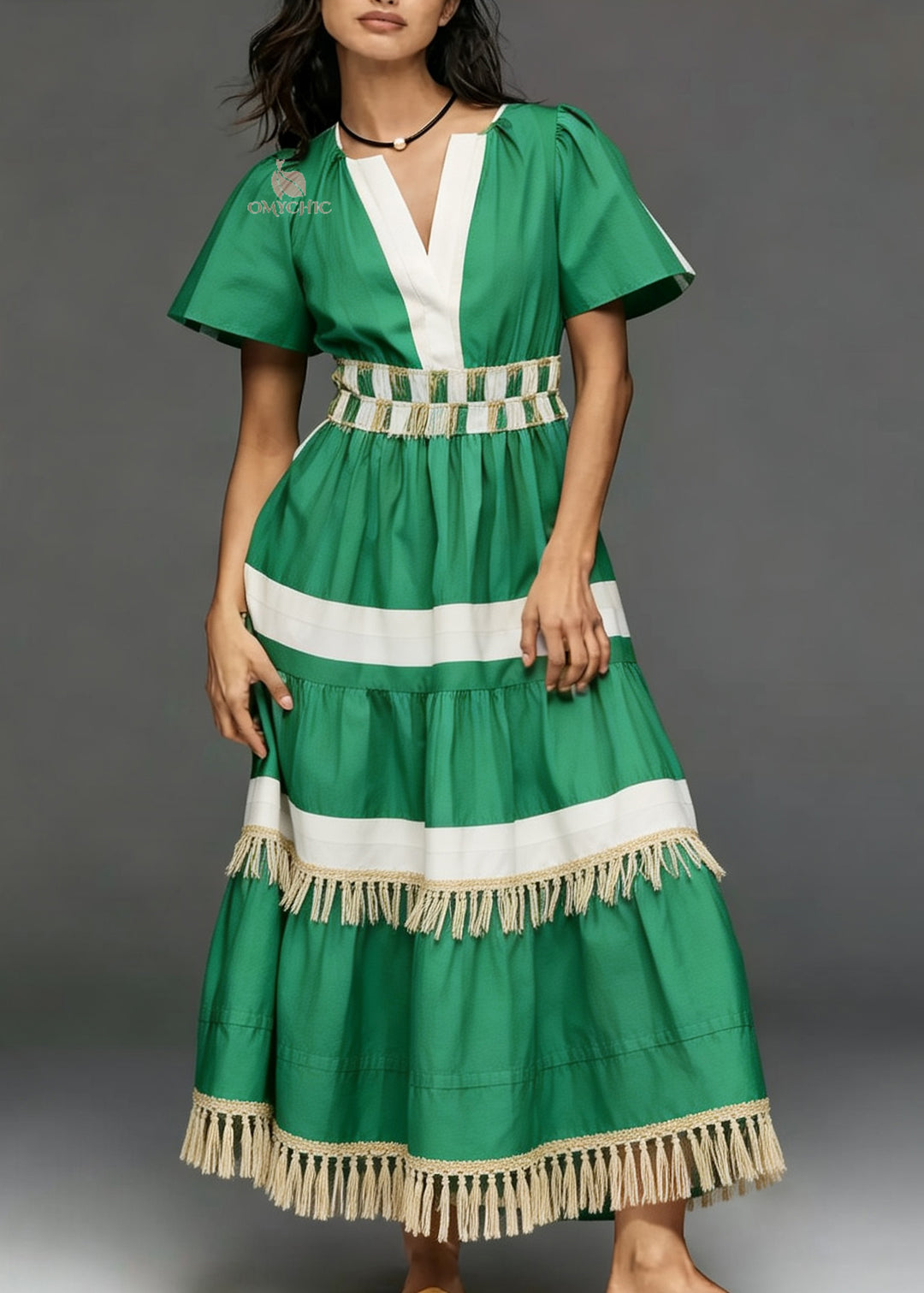 Style Green Tasseled Patchwork Cotton Long Dress Summer