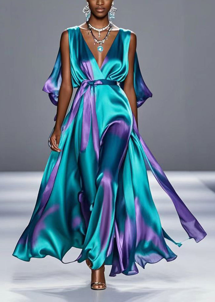 Style Green Tie Dye Exra Large Hem Silk Long Dress Summer - Omychic
