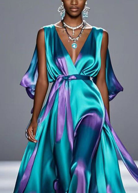 Style Green Tie Dye Exra Large Hem Silk Long Dress Summer - Omychic