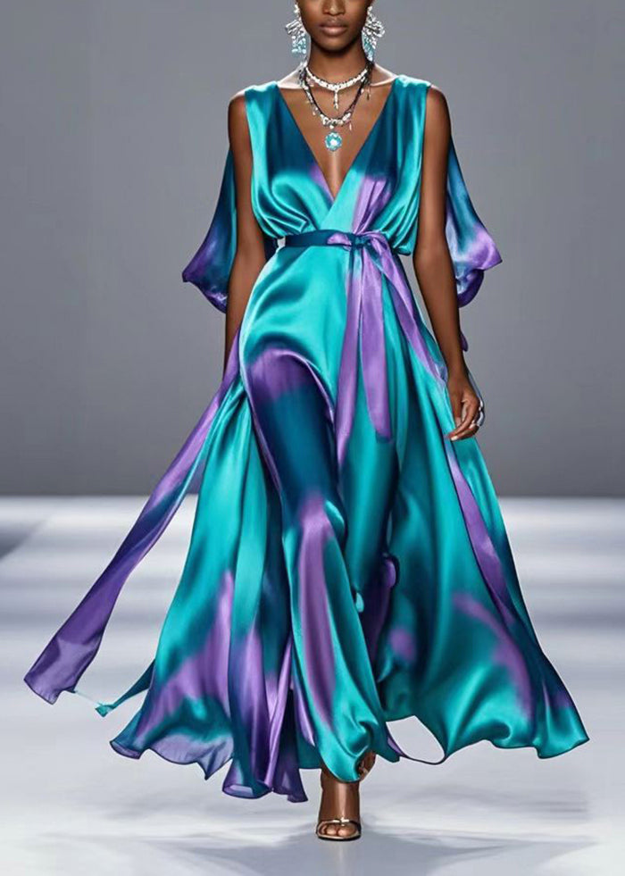 Style Green Tie Dye Exra Large Hem Silk Long Dress Summer - Omychic