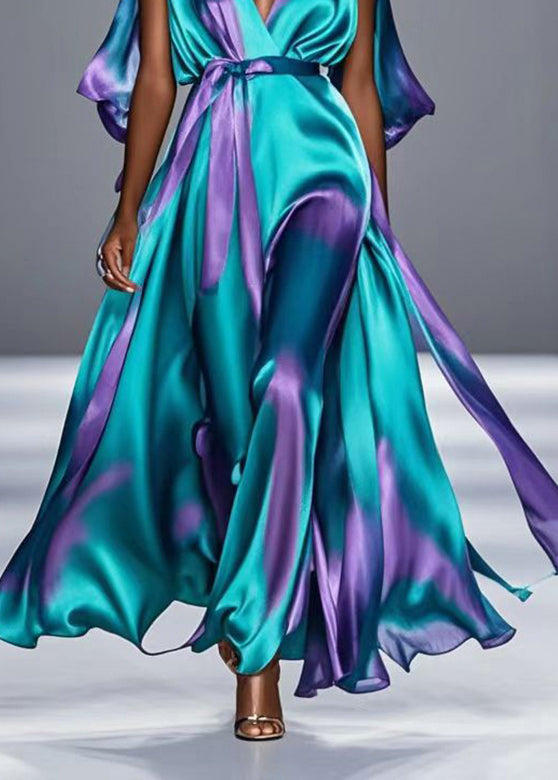 Style Green Tie Dye Exra Large Hem Silk Long Dress Summer - Omychic