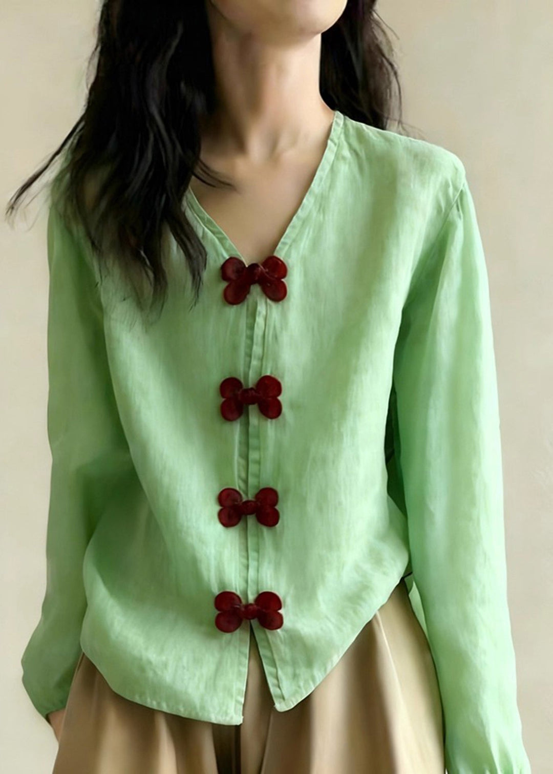 Style Green V Neck Bow Cotton Shirt Tops Spring