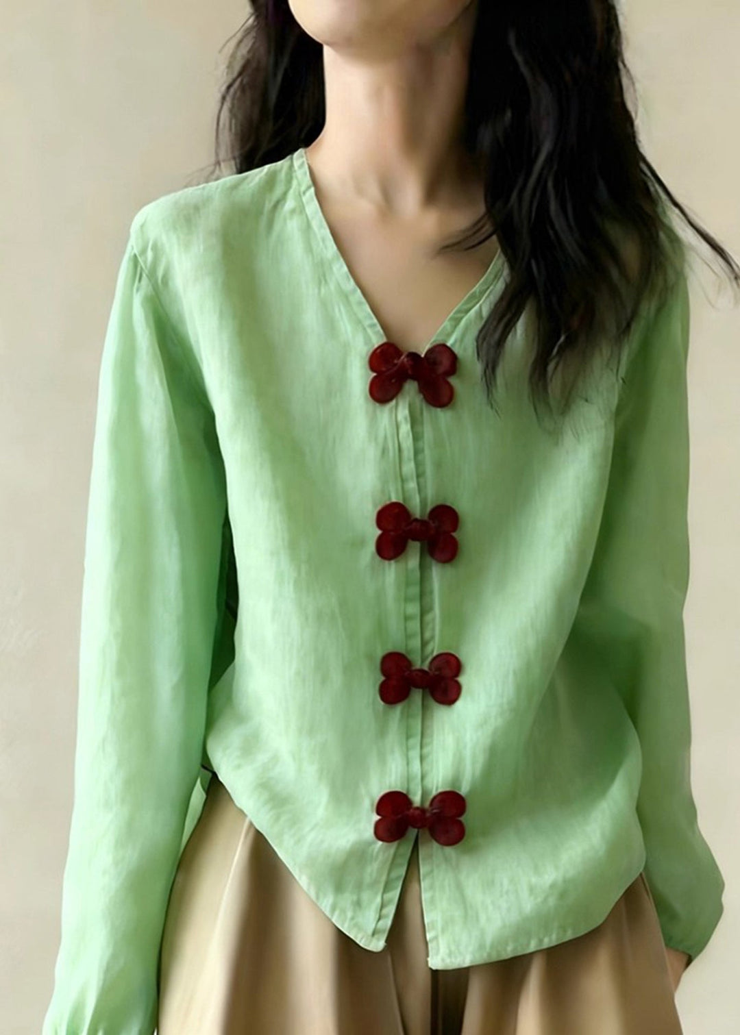 Style Green V Neck Bow Cotton Shirt Tops Spring