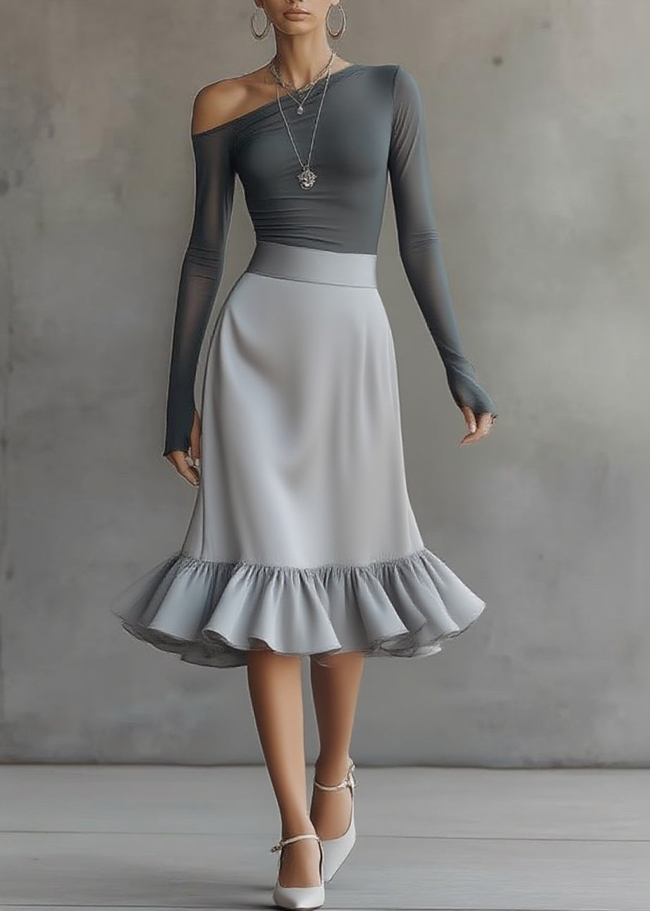 Style Grey Asymmetrical Top And A Line Skirts Two-Piece Set Spring - Omychic