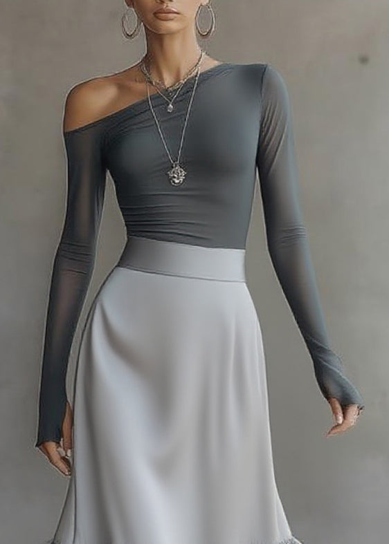 Style Grey Asymmetrical Top And A Line Skirts Two-Piece Set Spring - Omychic
