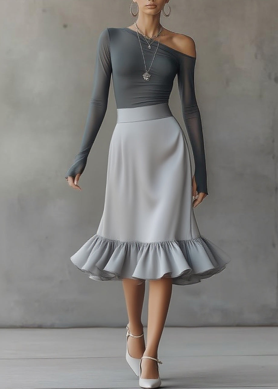 Style Grey Asymmetrical Top And A Line Skirts Two-Piece Set Spring - Omychic