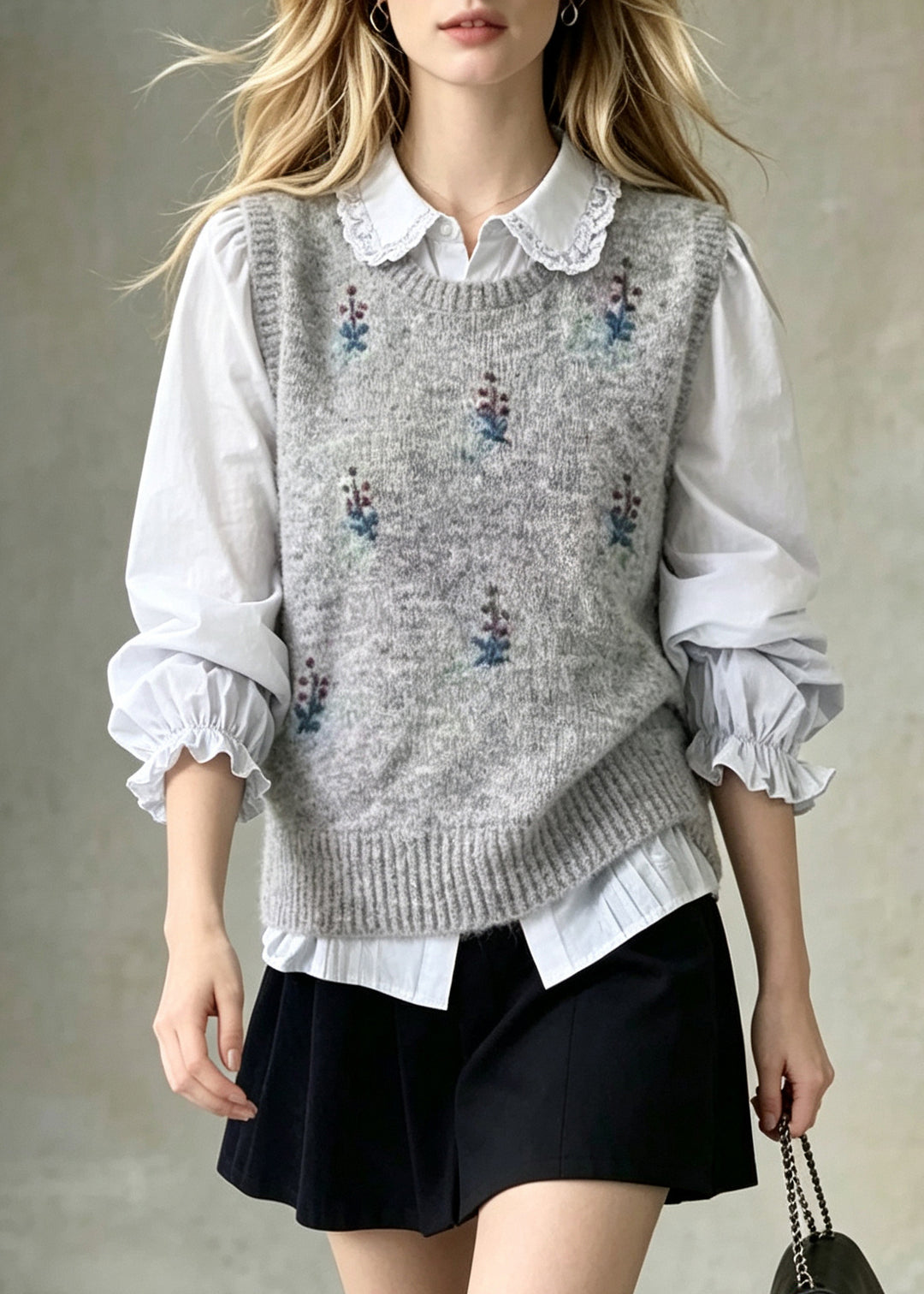 Style Grey O-Neck Embroideried Knit Vest Winter