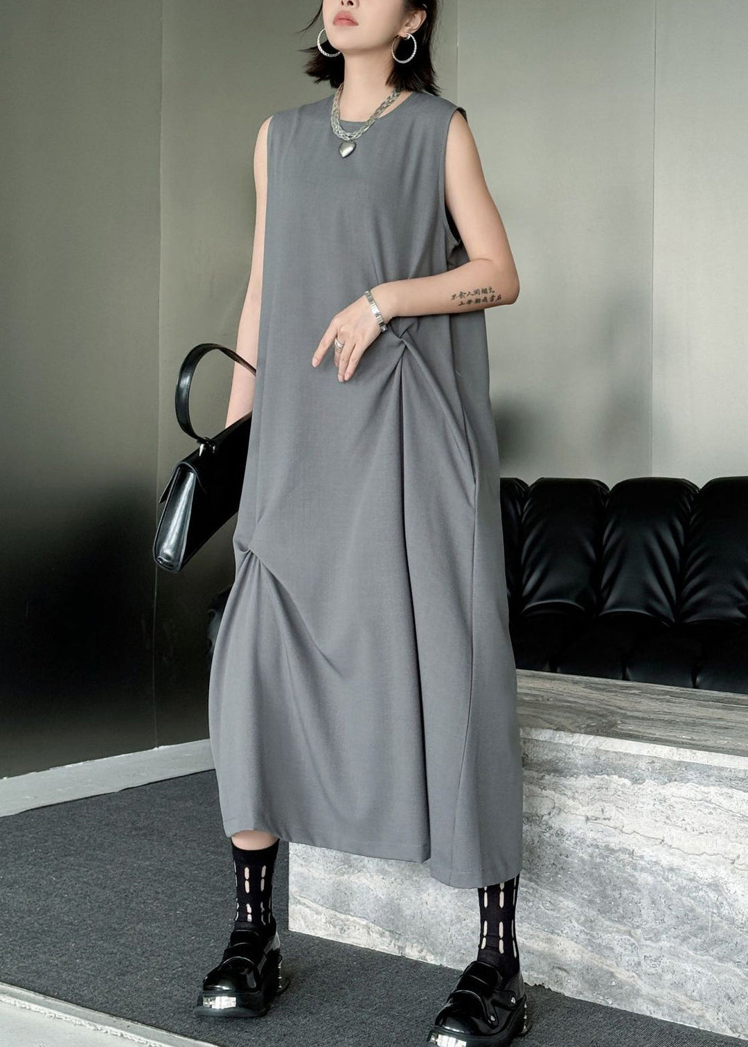 Style Grey O Neck Wrinkled Patchwork Cotton Long Dress Sleeveless