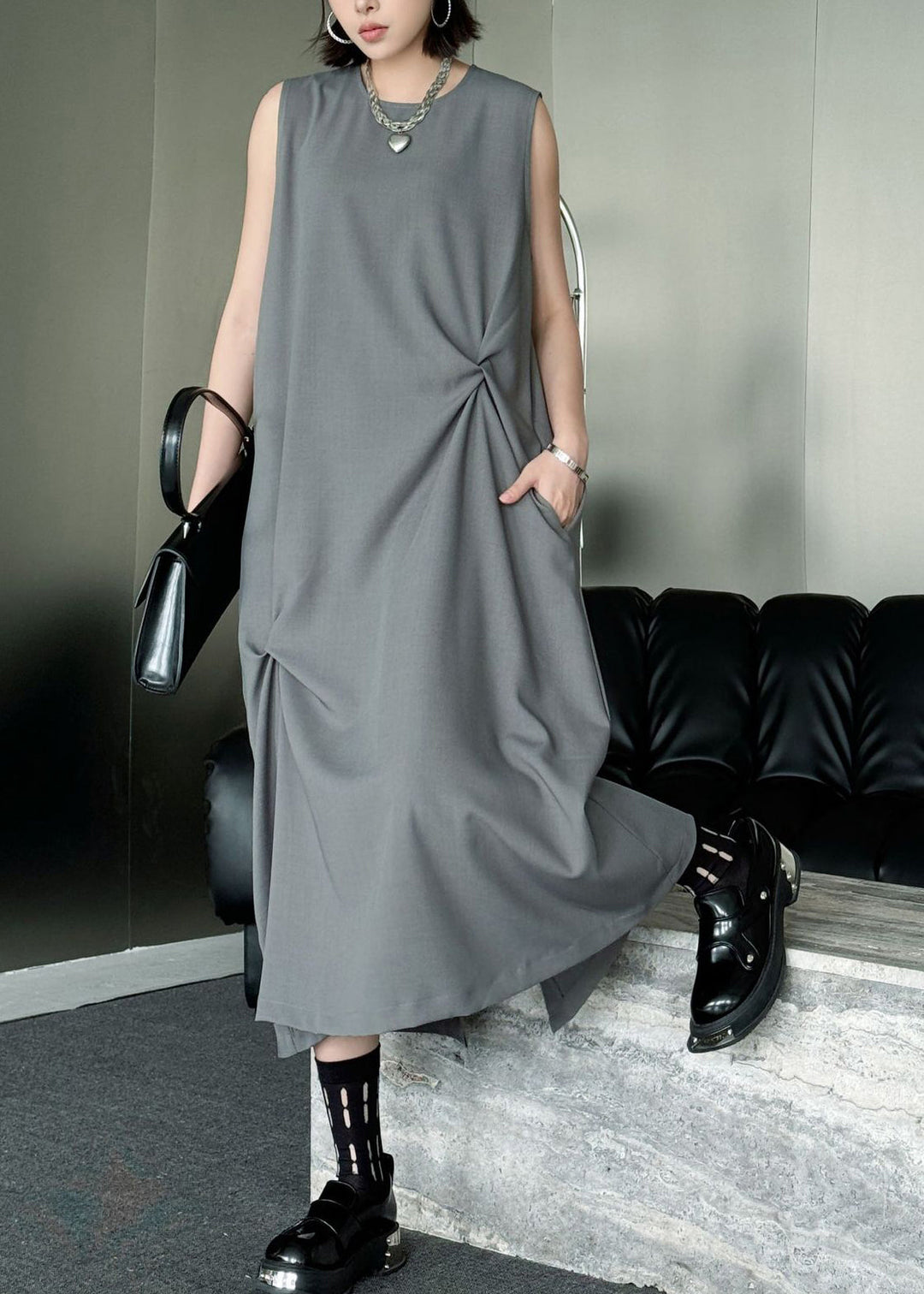 Style Grey O Neck Wrinkled Patchwork Cotton Long Dress Sleeveless