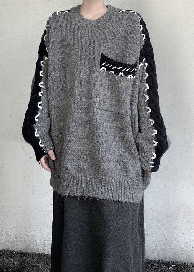 Style Grey Oversized Patchwork Knit Sweater Tops Winter