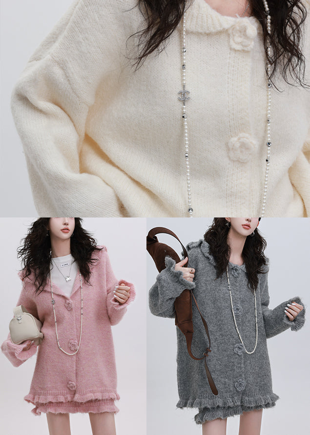 Style Grey Ruffled Oversized Knit Two Pieces Set Flower Decorated Winter