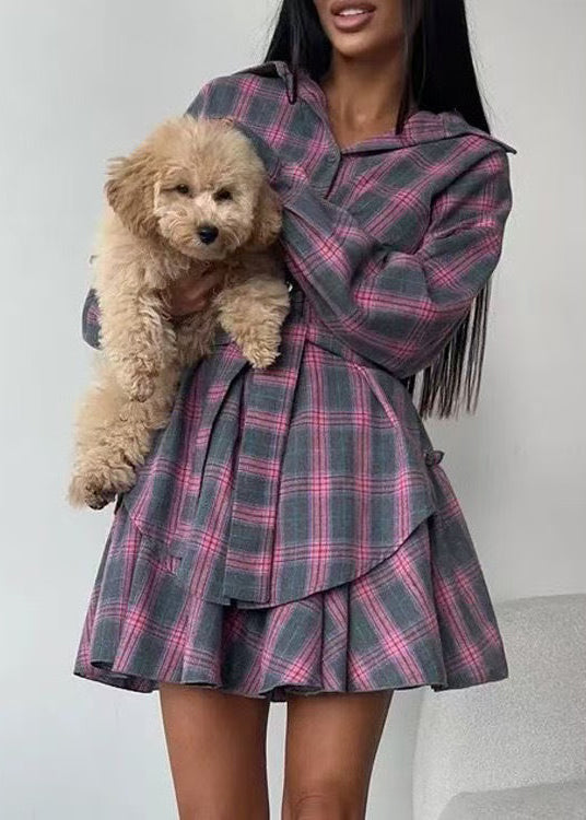 Style Grey Ruffled Plaid Cotton Two Pieces Set Summer