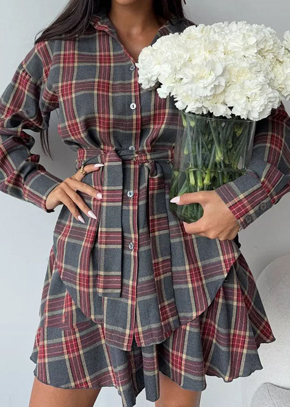 Style Grey Ruffled Plaid Cotton Two Pieces Set Summer
