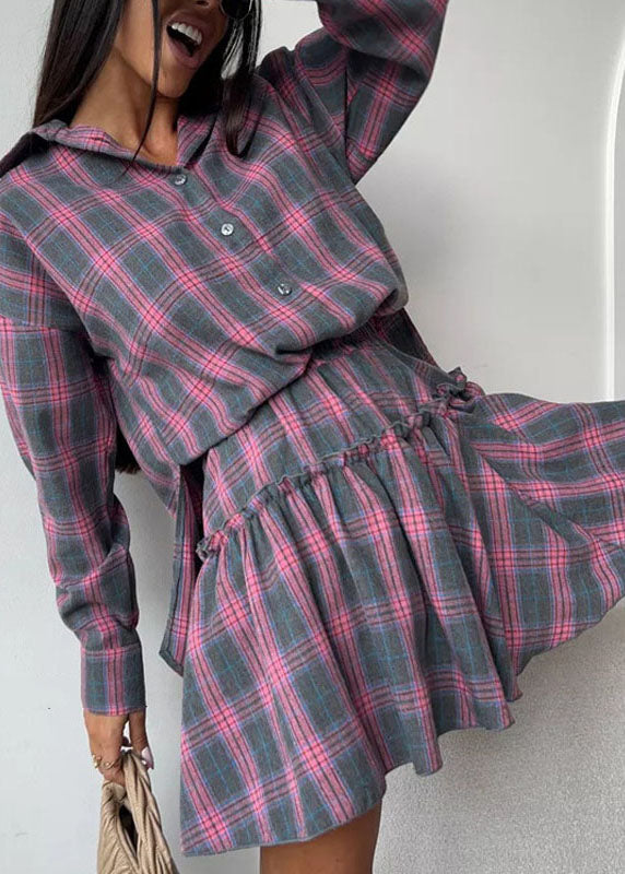 Style Grey Ruffled Plaid Cotton Two Pieces Set Summer