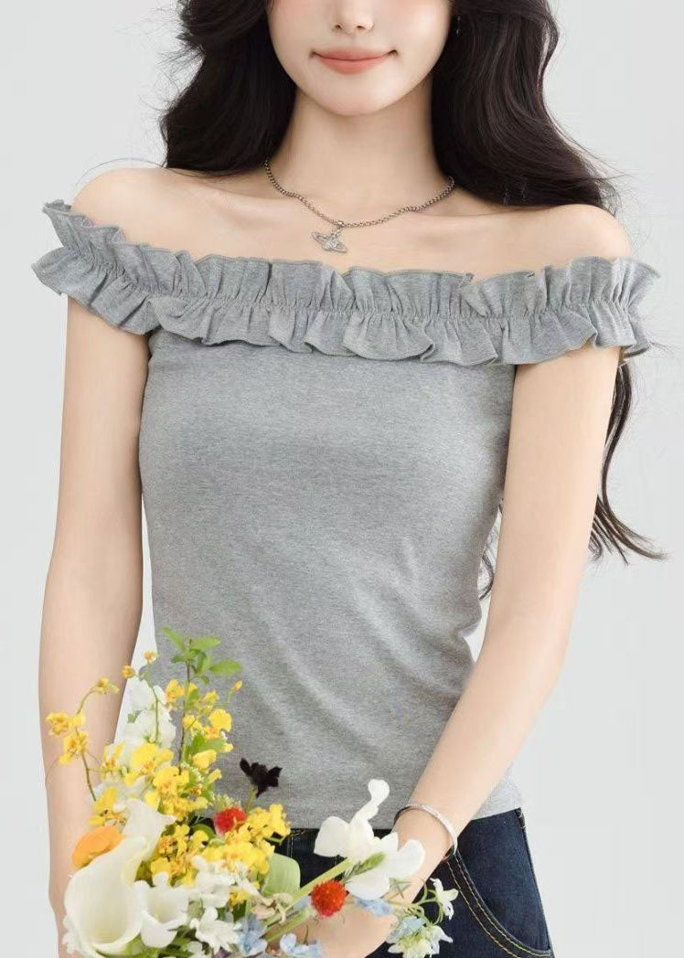 Style Grey Slash Neck Ruffled Short Sleeve Yoga Tops Women