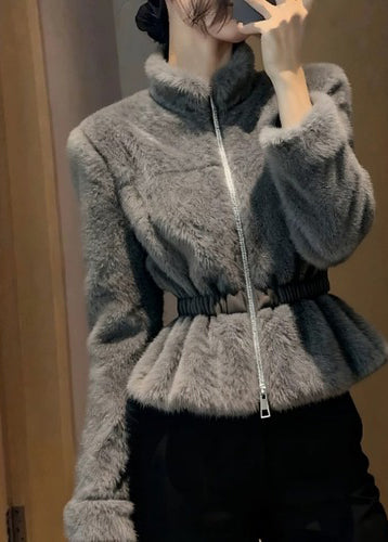 Style Grey Stand Collar Slim Mink Hair Coats Winter