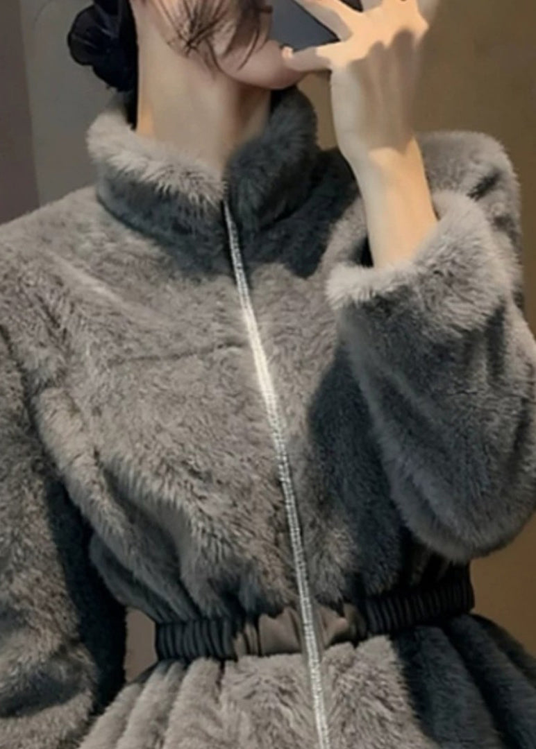 Style Grey Stand Collar Slim Mink Hair Coats Winter