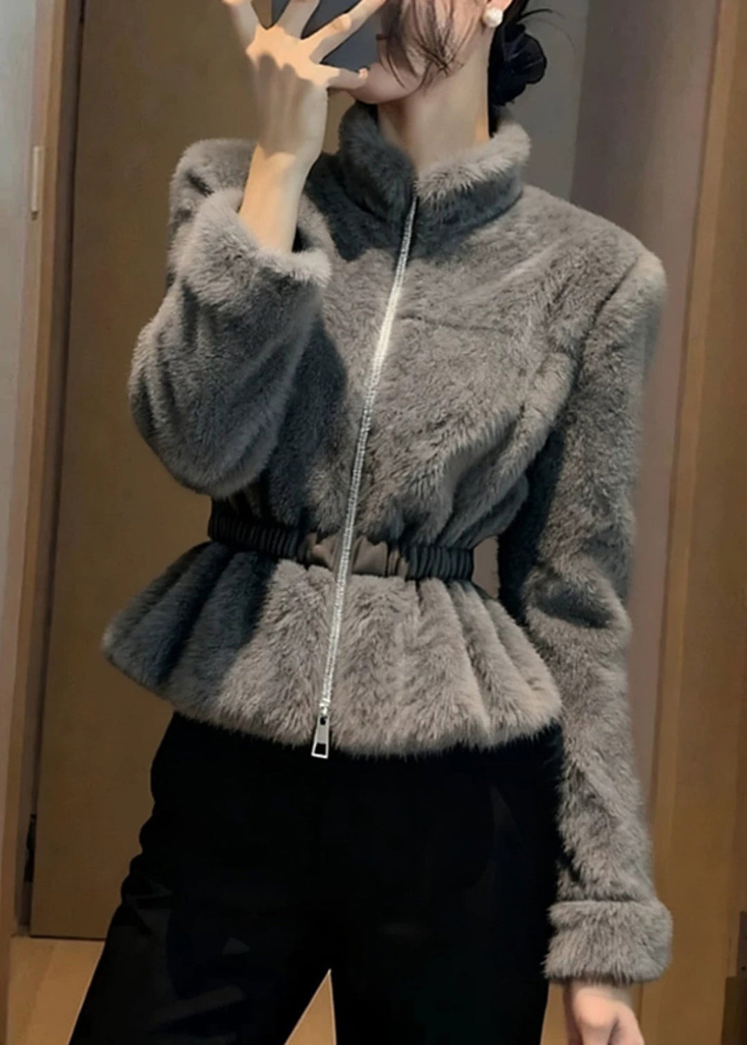 Style Grey Stand Collar Slim Mink Hair Coats Winter