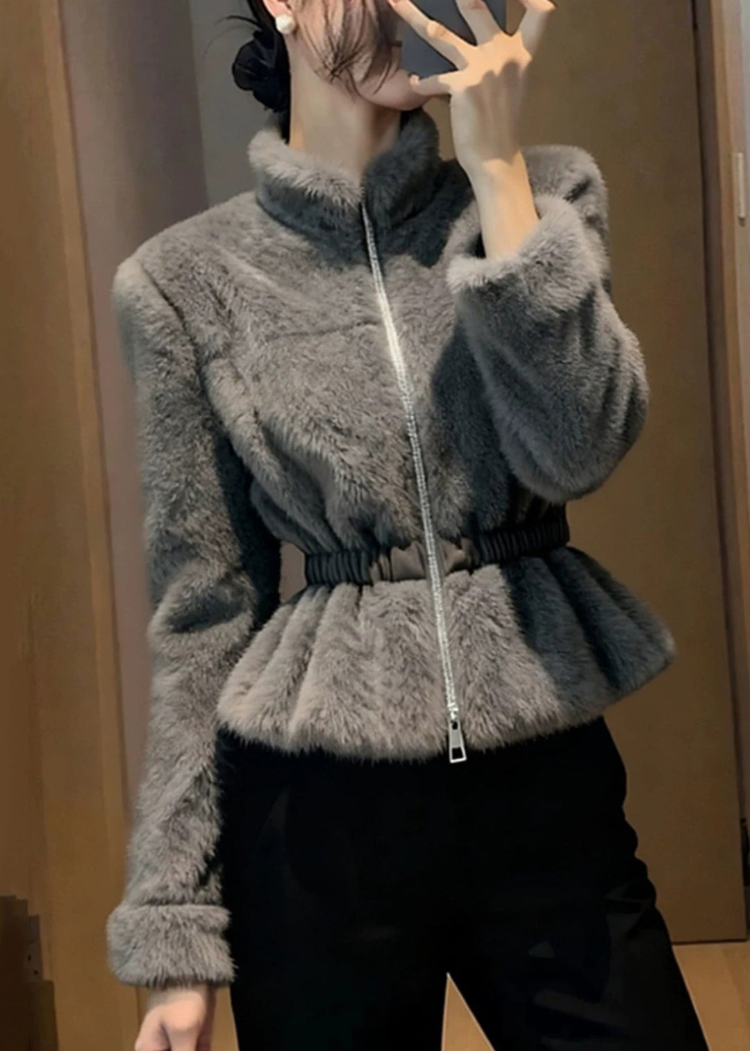 Style Grey Stand Collar Slim Mink Hair Coats Winter